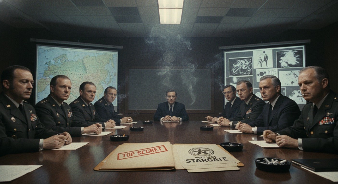 Recreación de una reunión de alto nivel en el Pentágono discutiendo el Proyecto Stargate y el uso de psíquicos para el espionaje militar.