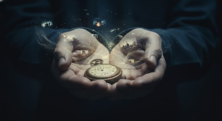 Representación artística de un psíquico practicando psicometría con un reloj antiguo, visualizando su historia oculta.