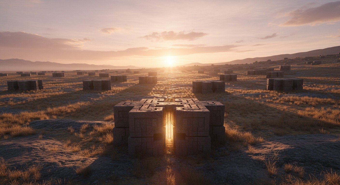 Las ruinas de Puma Punku al amanecer, con los bloques de piedra en forma de H esparcidos, y una luz misteriosa que emana de uno de los cortes de precisión.