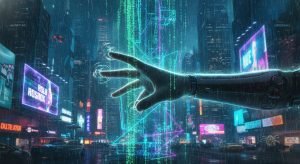 Representación artística de la realidad desmoronándose al tacto para revelar el código informático subyacente, ilustrando la Teoría de la Simulación.