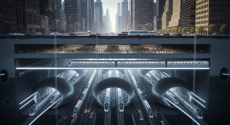 Una vista en sección transversal de una ciudad moderna, revelando una compleja y futurista red de túneles subterráneos con trenes Maglev y bases secretas.