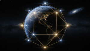Mapa orbital de la Tierra mostrando la rejilla geométrica que conecta los antiguos monumentos megalíticos.
