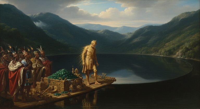 Recreación artística del ritual del cacique muisca cubierto de oro en la laguna de Guatavita, el origen histórico de la leyenda de El Dorado.