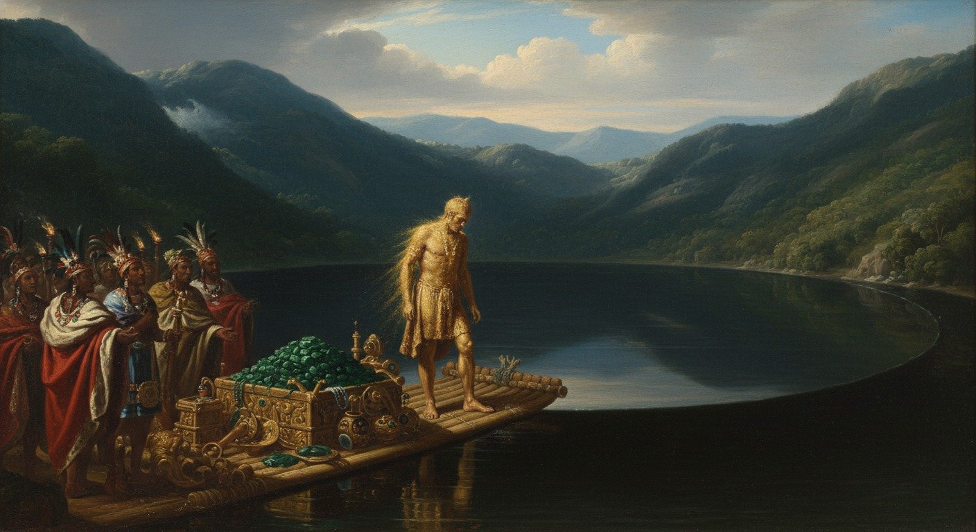 Recreación artística del ritual del cacique muisca cubierto de oro en la laguna de Guatavita, el origen histórico de la leyenda de El Dorado.