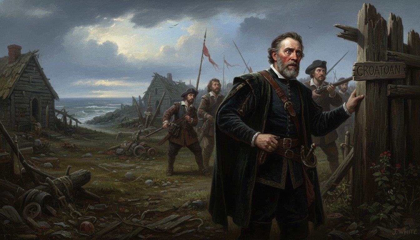 Recreación artística del descubrimiento de la palabra "CROATOAN" tallada en un poste de la colonia abandonada de Roanoke en 1590.