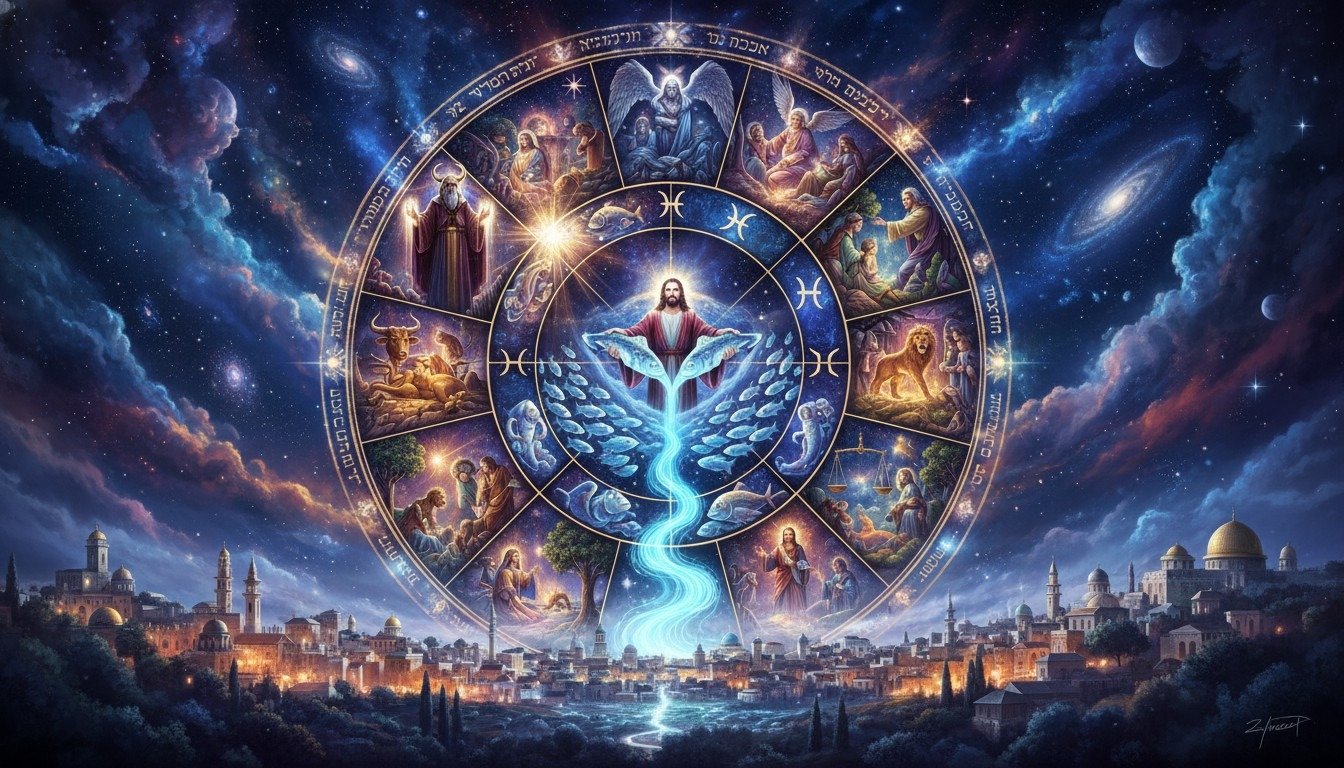 Ilustración que conecta visualmente las historias bíblicas clave con sus correspondientes signos del zodiaco en la rueda astrológica.