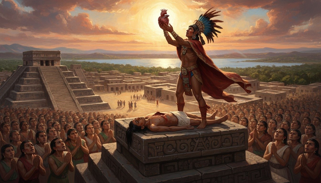 Representación artística de un ritual de sacrificio humano azteca, mostrando la ofrenda del corazón al dios sol Huitzilopochtli.