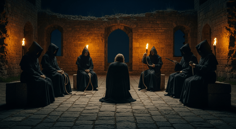 Jueces encapuchados de la Santa Vehme celebrando un juicio secreto por la noche en unas ruinas, con el acusado arrodillado, simbolizando su poder judicial oculto.