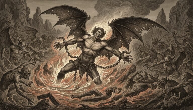 Representación bíblica de Satanás siendo atormentado en el lago de fuego, contradiciendo la imagen popular de él como el gobernante del Infierno.