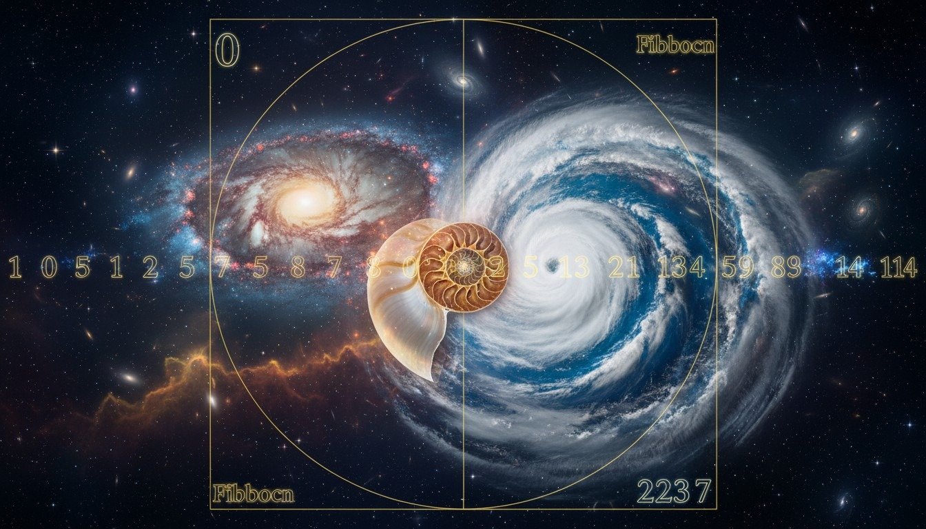 Composición artística que muestra la omnipresencia de la secuencia de Fibonacci en galaxias, conchas y huracanes, ilustrando el orden matemático de la naturaleza.