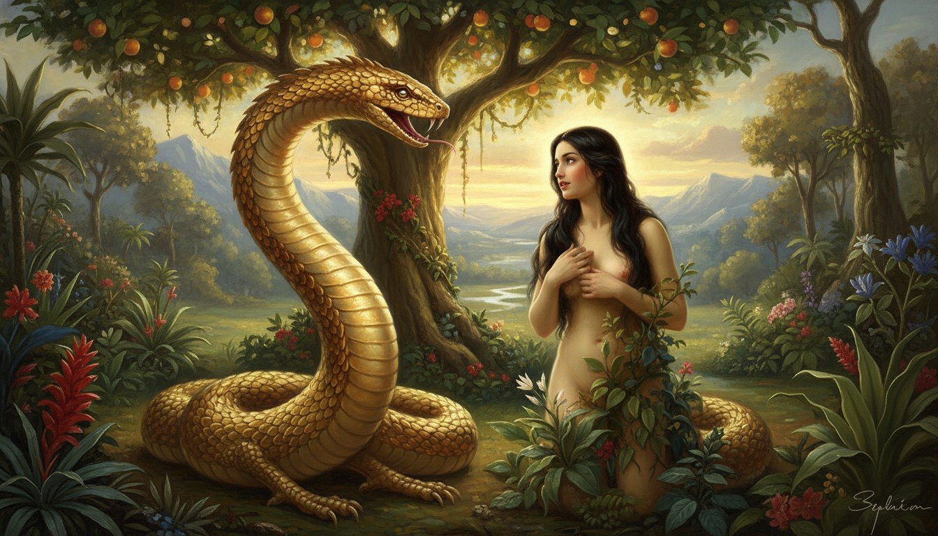 Representación artística de la Serpiente del Edén antes de ser condenada a arrastrarse, mostrada como un ser erguido e inteligente conversando con Eva.