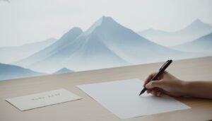 Ilustración de una sesión de visión remota, mostrando los elementos básicos: papel, bolígrafo y el sobre con las coordenadas del objetivo ciego.