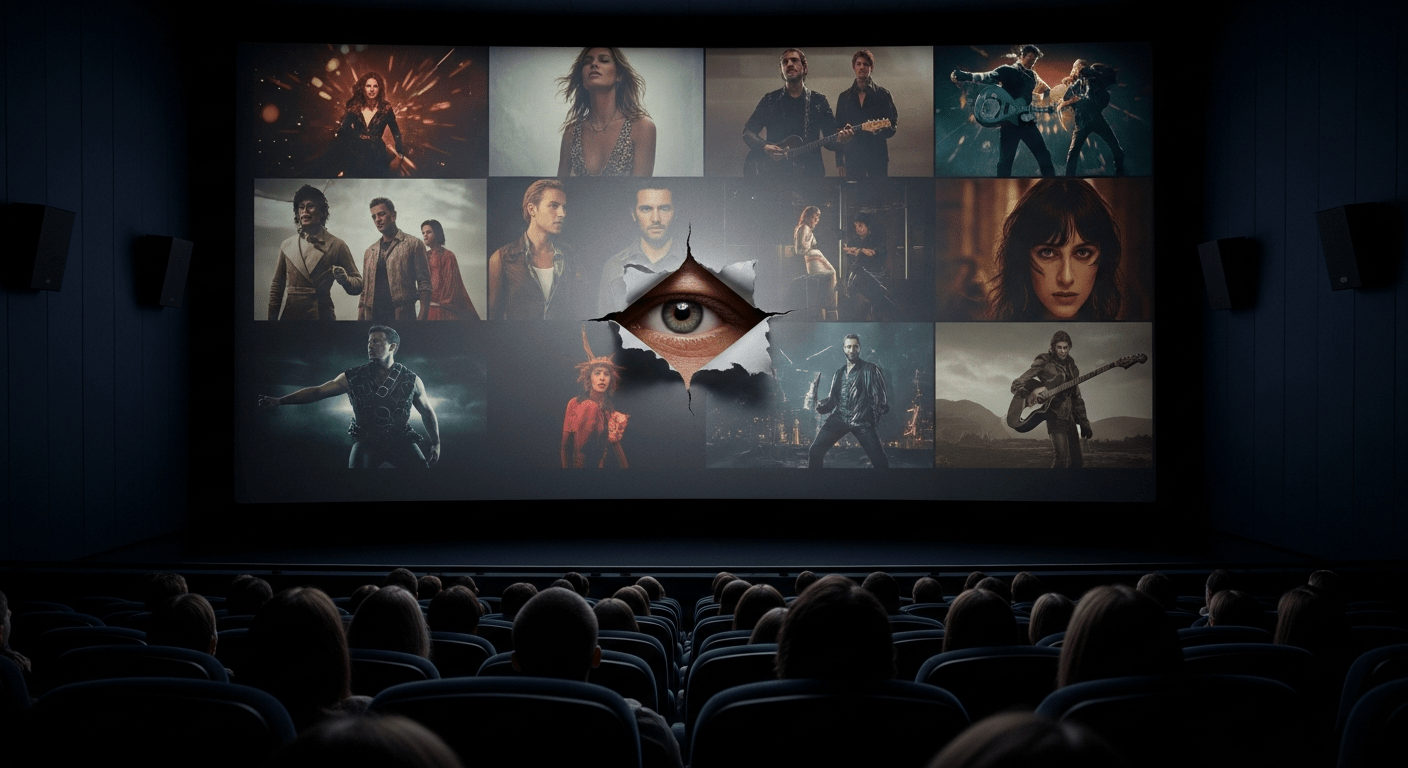 Un ojo humano mirando a través de un agujero en una pantalla de cine, observando a una audiencia absorta, simbolizando el control oculto de la cultura popular.