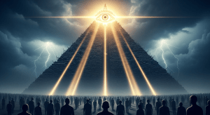El Ojo que Todo lo Ve brillando en la cima de la pirámide, con rayos de luz que se extienden para controlar un mundo de siluetas anónimas, simbolizando el poder de los Illuminati.