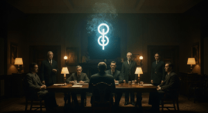 El símbolo de la Sociedad Thule (una daga sobre una esvástica solar) superpuesto a una reunión secreta de sus miembros en un salón de Múnich de los años 20.