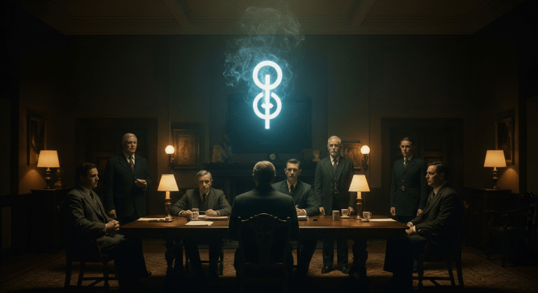 El símbolo de la Sociedad Thule (una daga sobre una esvástica solar) superpuesto a una reunión secreta de sus miembros en un salón de Múnich de los años 20.