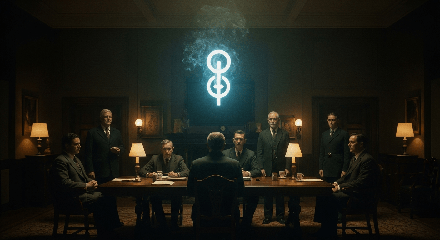 El símbolo de la Sociedad Thule (una daga sobre una esvástica solar) superpuesto a una reunión secreta de sus miembros en un salón de Múnich de los años 20.