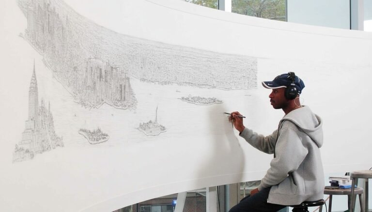 Ilustración del artista autista Stephen Wiltshire dibujando una ciudad entera de memoria con precisión milimétrica tras un solo vuelo en helicóptero.
