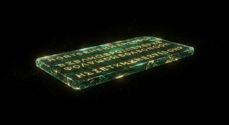 Representación artística de la mítica Tabla Esmeralda, brillando con inscripciones alquímicas antiguas sobre una superficie de cristal verde.