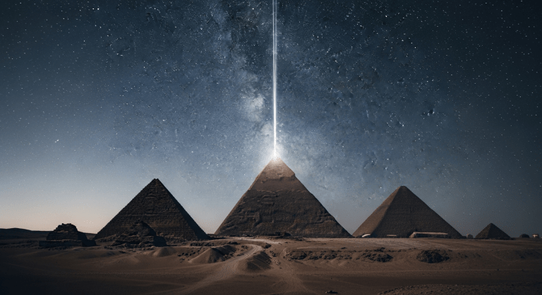 Las pirámides de Giza por la noche, con un potente haz de energía saliendo de la cima de la Gran Pirámide hacia el cosmos, simbolizando la teoría de una tecnología antigua y perdida.