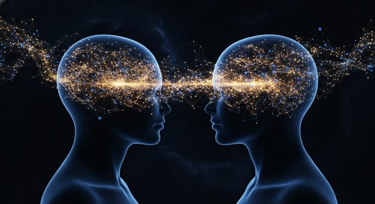 Representación artística de la conexión telepática entre dos mentes humanas a través de redes de entrelazamiento cuántico.