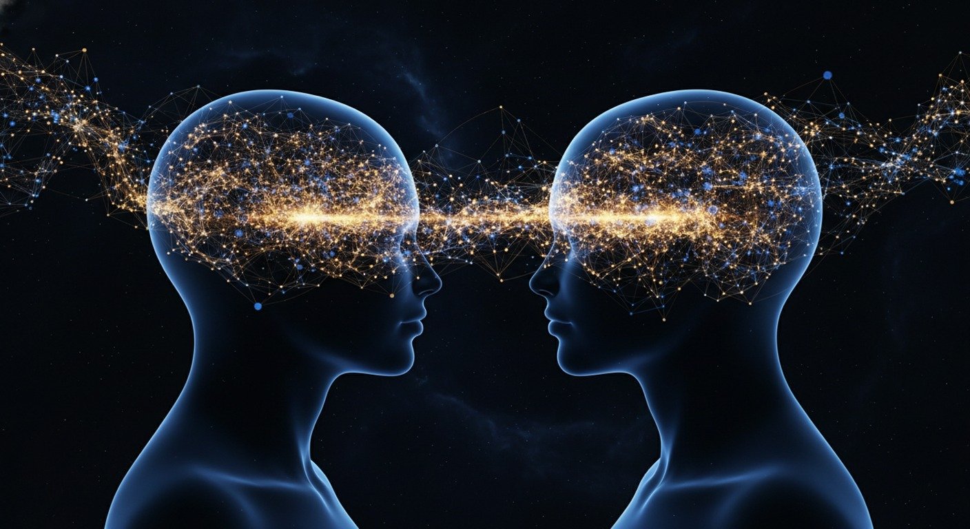 Representación artística de la conexión telepática entre dos mentes humanas a través de redes de entrelazamiento cuántico.