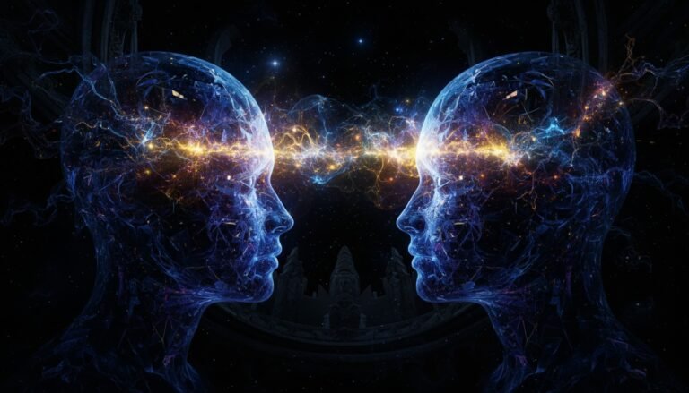 Representación artística de la conexión telepática entre gemelos idénticos, mostrando un vínculo energético entre sus mentes.