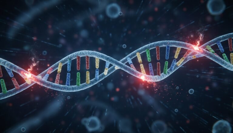 Ilustración científica de los telómeros en los extremos de los cromosomas, acortándose con cada división celular, representando el envejecimiento.