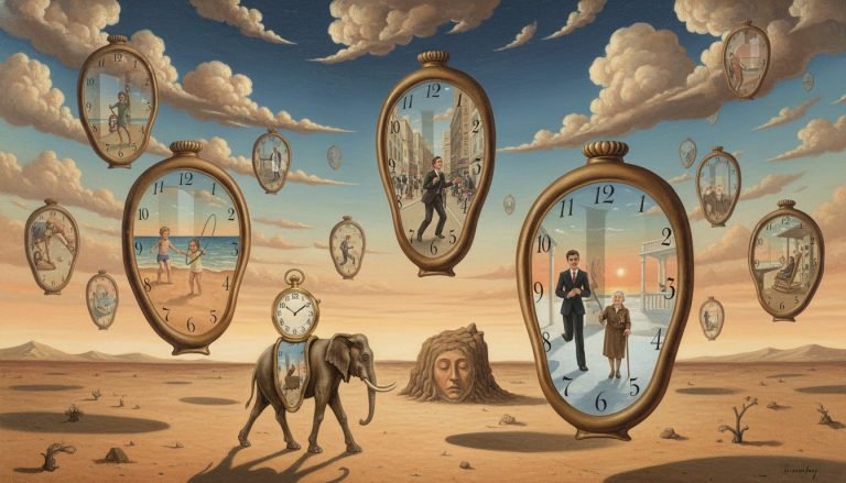 Representación artística del concepto de "Eterno Ahora", donde todos los momentos del tiempo coexisten simultáneamente como capas superpuestas.