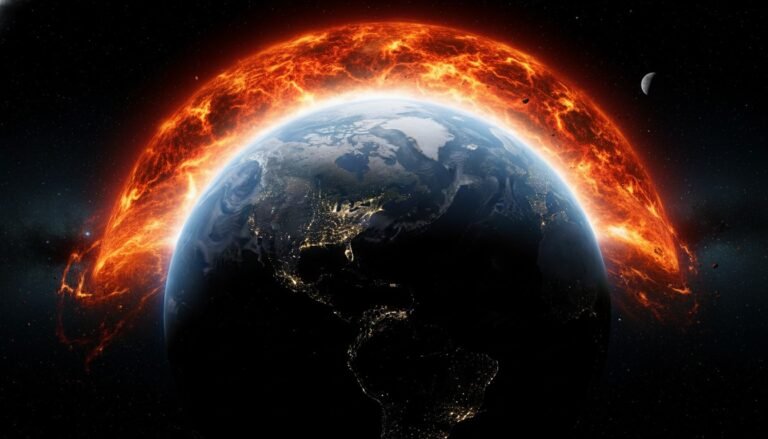 Representación artística de una Eyección de Masa Coronal golpeando la Tierra y causando un apagón global masivo.