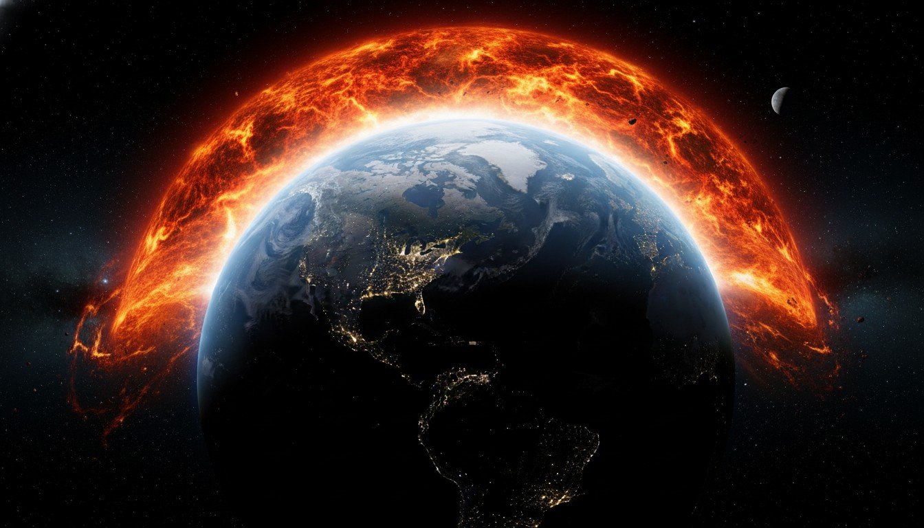 Representación artística de una Eyección de Masa Coronal golpeando la Tierra y causando un apagón global masivo.