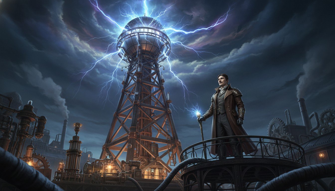Representación artística de la Torre Wardenclyffe de Nikola Tesla en funcionamiento, transmitiendo energía inalámbrica a la atmósfera.