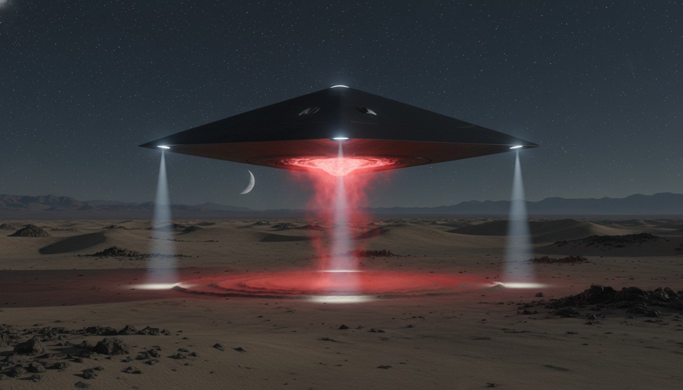 Representación artística del TR-3B Astra, el supuesto avión espía de antigravedad de la Fuerza Aérea de EE.UU., flotando en silencio.