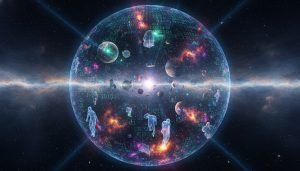 Representación artística del Principio Holográfico, mostrando cómo la información codificada en una superficie 2D se proyecta para crear la ilusión de un universo 3D.