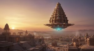 Representación artística de un Vimana, una nave voladora descrita en los textos védicos, flotando sobre una ciudad antigua de la India.