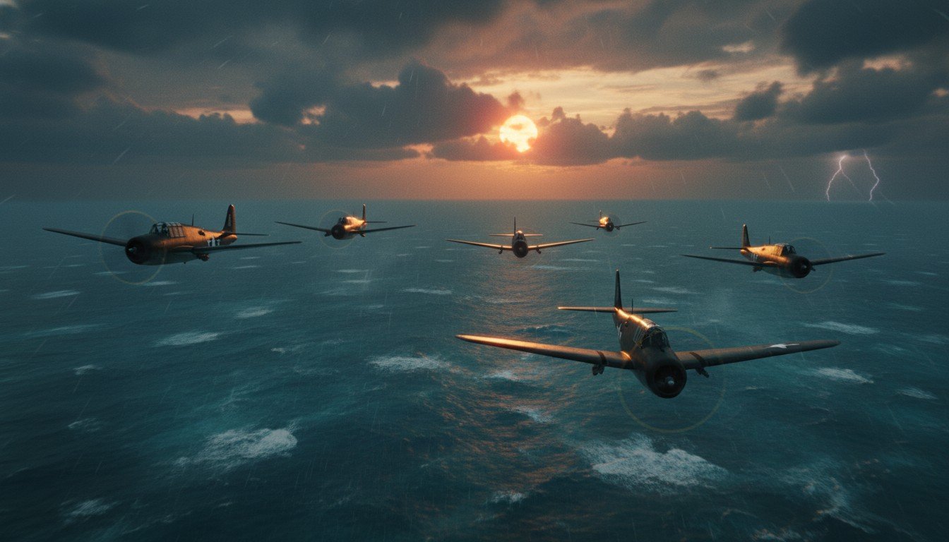 Recreación artística del Vuelo 19, la escuadrilla de cinco aviones que desapareció sin dejar rastro en el Triángulo de las Bermudas en 1945.