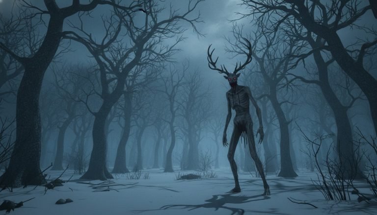Representación artística del Wendigo, el espíritu del hambre de la mitología nativa americana, acechando en un bosque invernal.