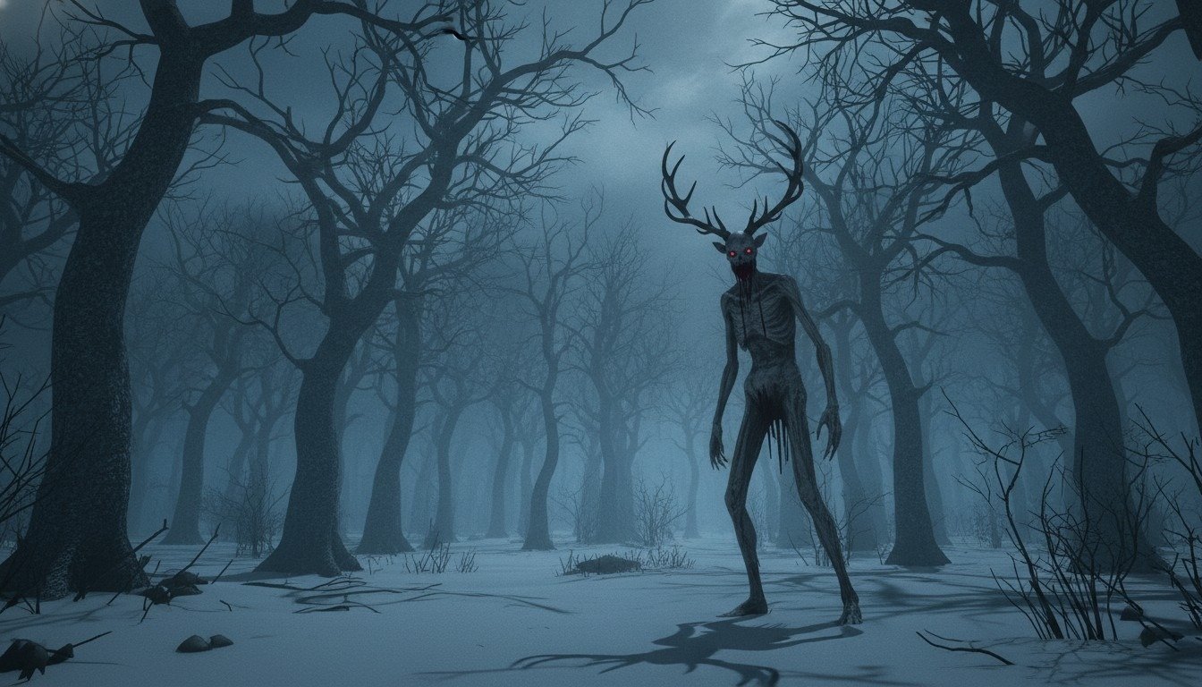 Representación artística del Wendigo, el espíritu del hambre de la mitología nativa americana, acechando en un bosque invernal.