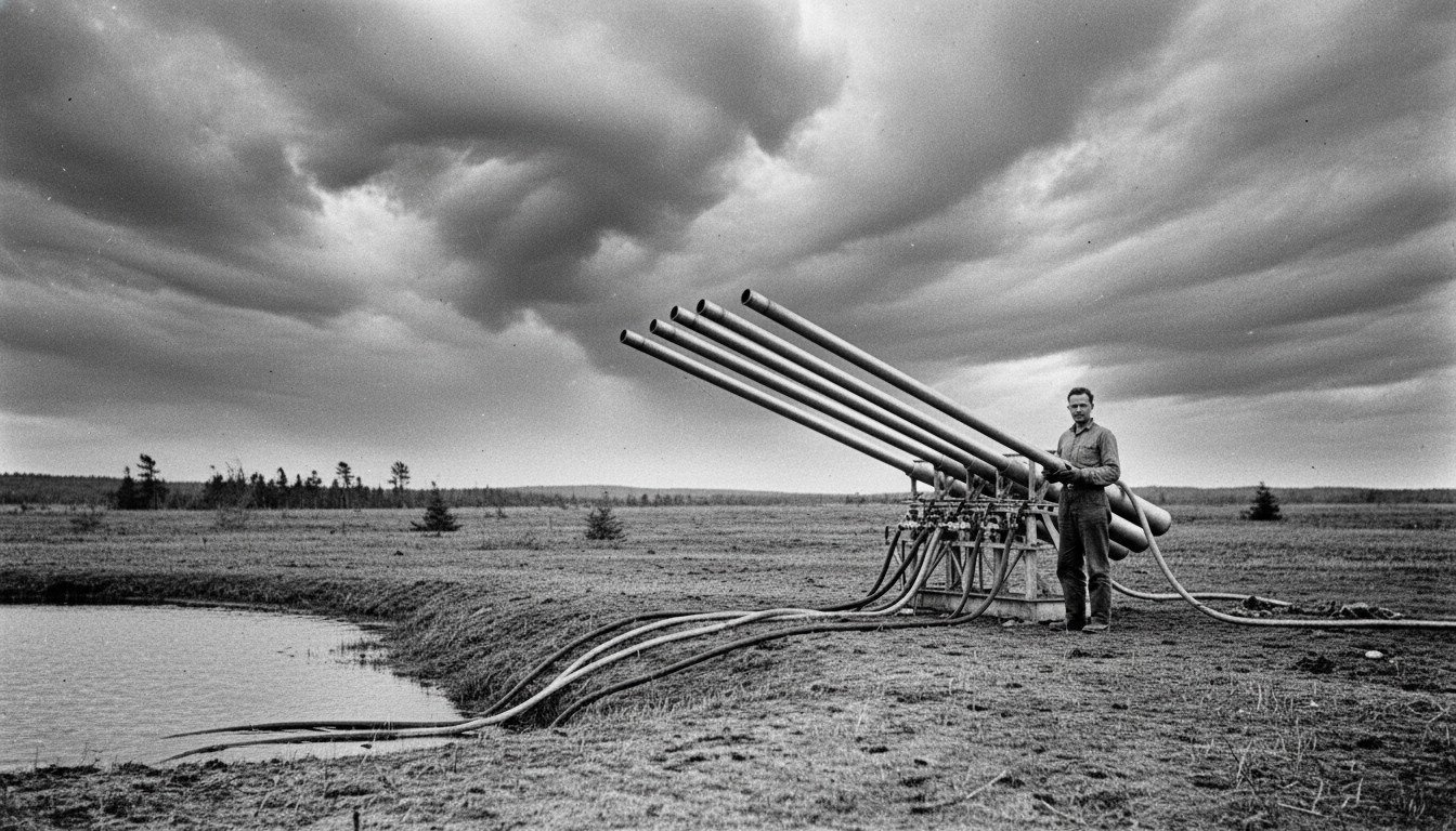 Recreación de Wilhelm Reich operando su máquina Cloudbuster para manipular la energía orgónica atmosférica y provocar lluvia.
