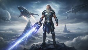 Representación artística de Zeus como un antiguo astronauta, portando tecnología avanzada interpretada como magia por los antiguos griegos.