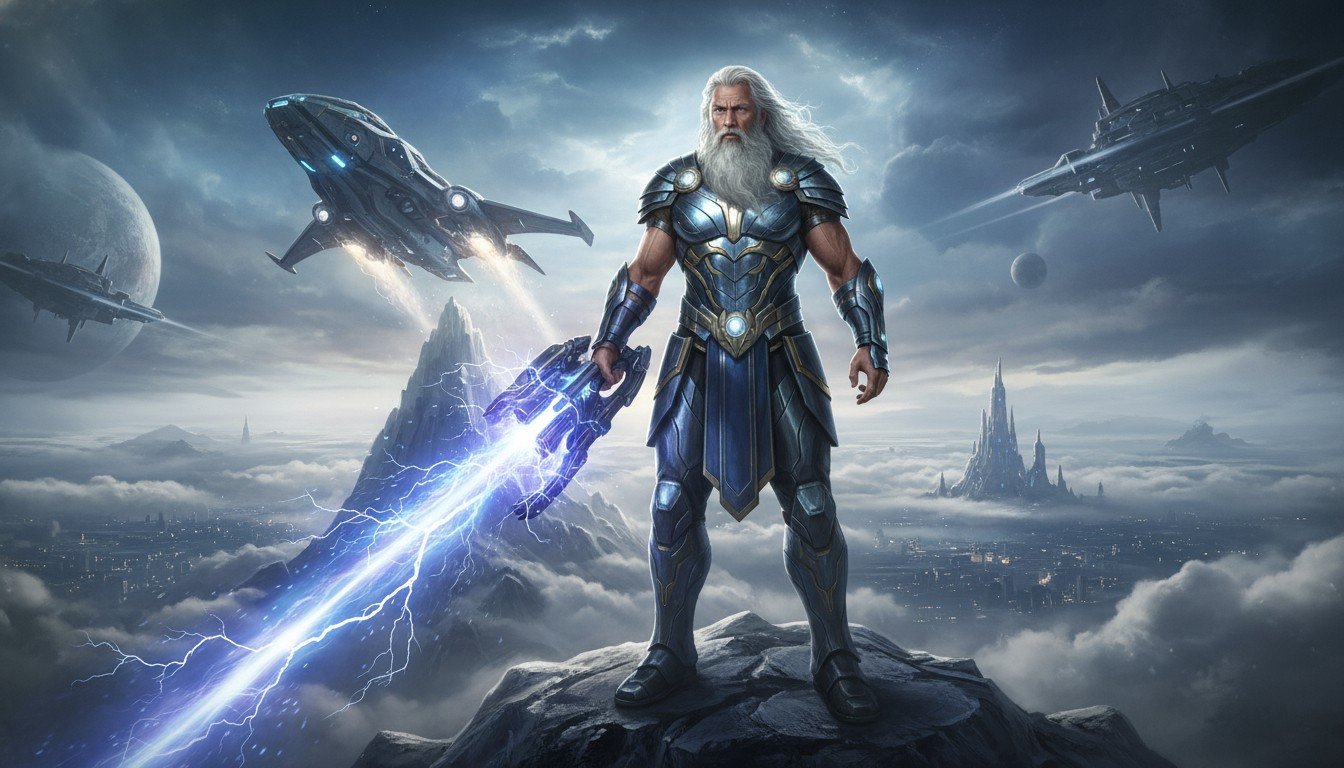 Representación artística de Zeus como un antiguo astronauta, portando tecnología avanzada interpretada como magia por los antiguos griegos.