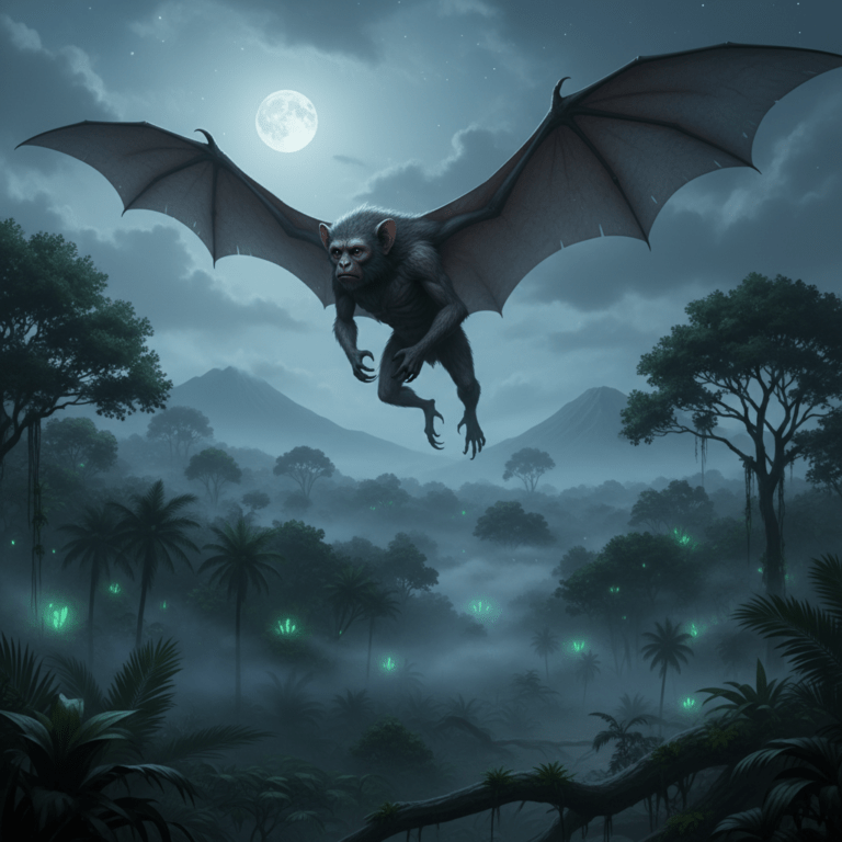 Representación artística del Ahool sobre la selva de Java