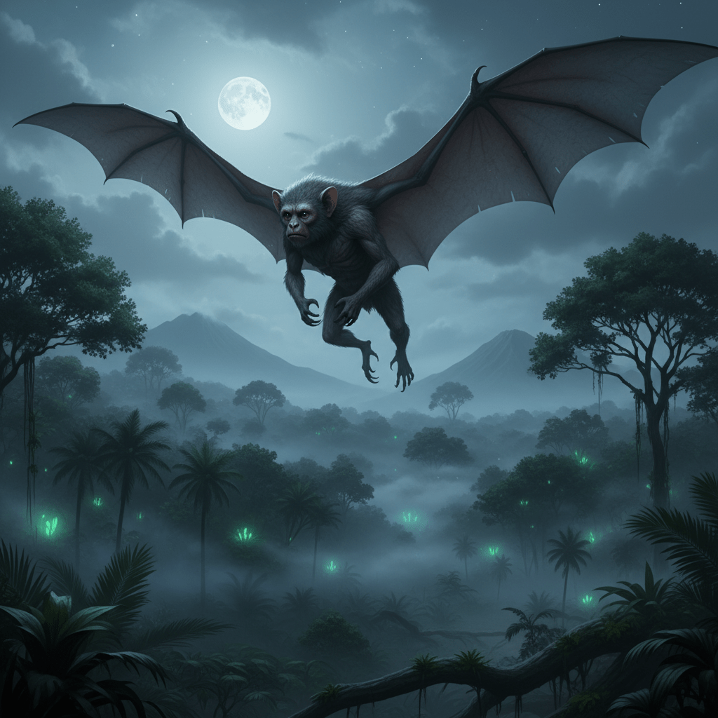 Representación artística del Ahool sobre la selva de Java