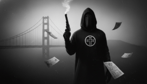 Recreación artística del Asesino del Zodíaco con su traje ceremonial en el Lago Berryessa.