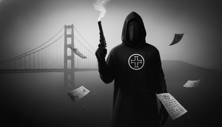 Recreación artística del Asesino del Zodíaco con su traje ceremonial en el Lago Berryessa.