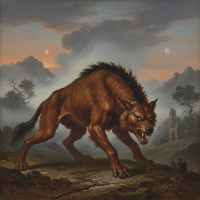 Representación artística de la Bestia de Gévaudan en el bosque