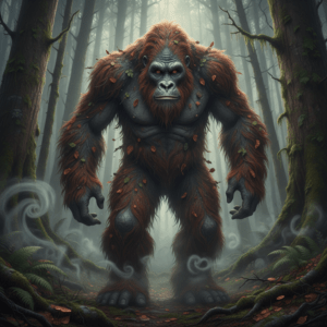 Representación realista de un Bigfoot en un bosque con niebla.