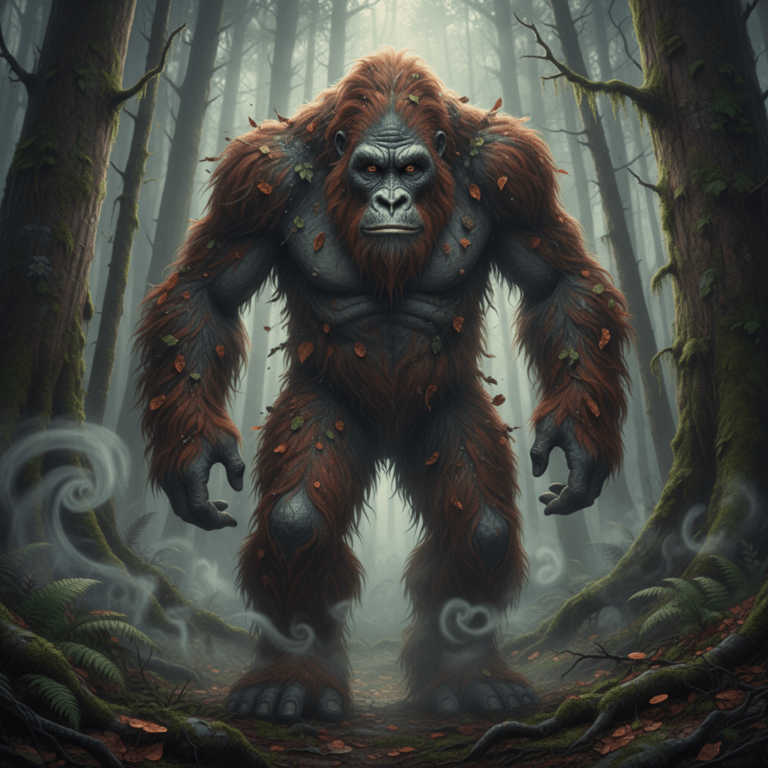 Representación realista de un Bigfoot en un bosque con niebla.