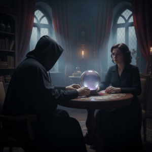 Figura misteriosa realizando una lectura esotérica en un ambiente oscuro.