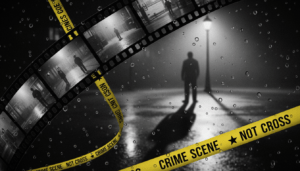 Una cinta de película de 35mm entrelazada con cinta de escena del crimen amarilla sobre un fondo oscuro y brumoso.